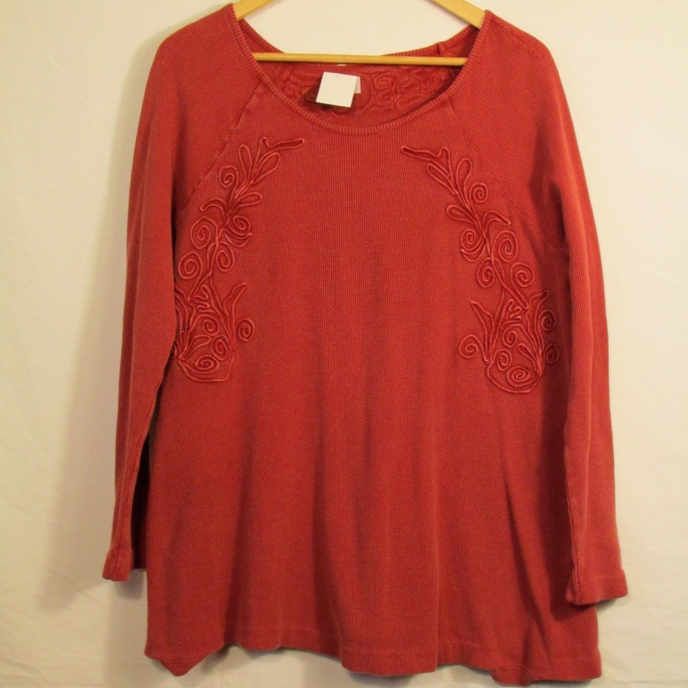 Women's VTG Long Sleeve Embroidered Burnt Orange Waffle Knit Top